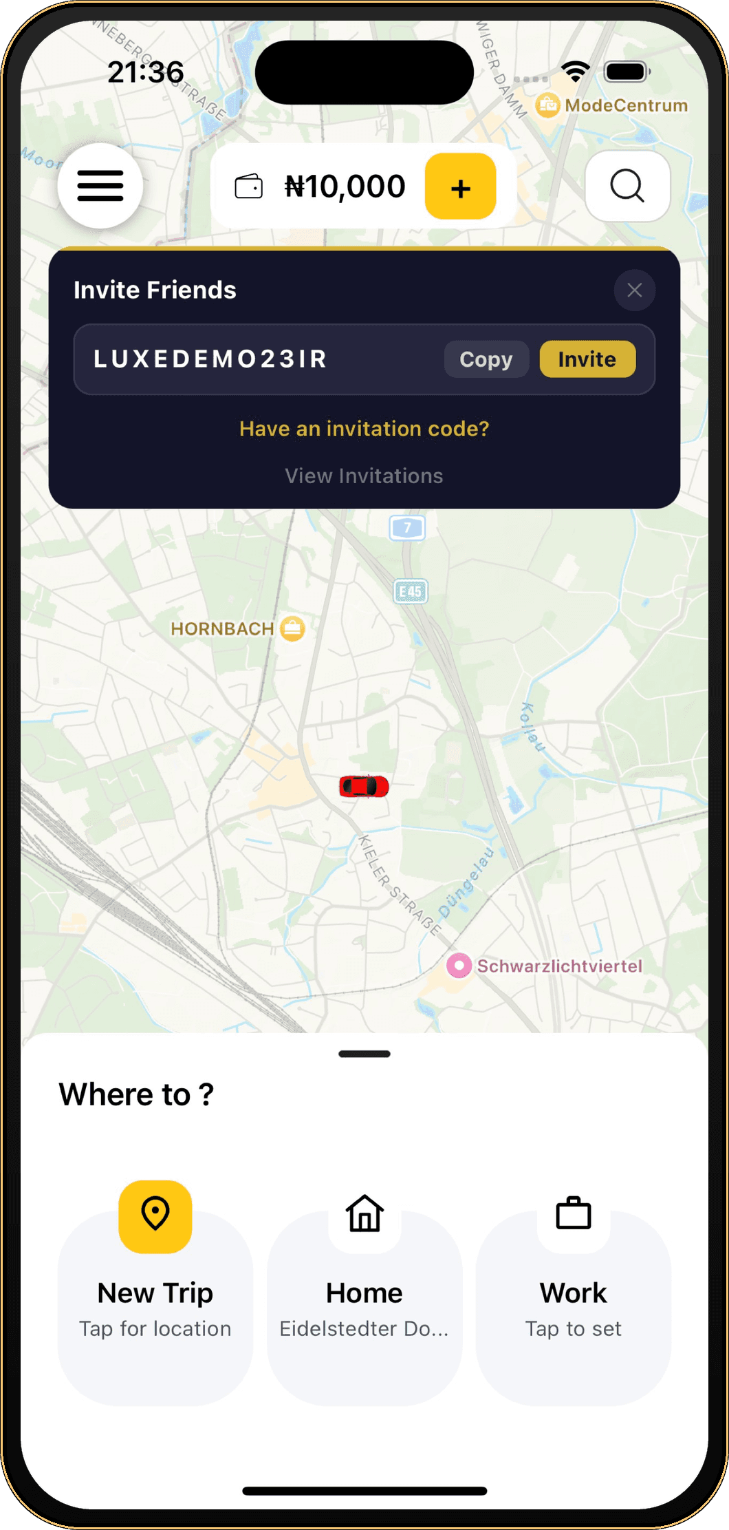 LuxyRide app home screen on iPhone